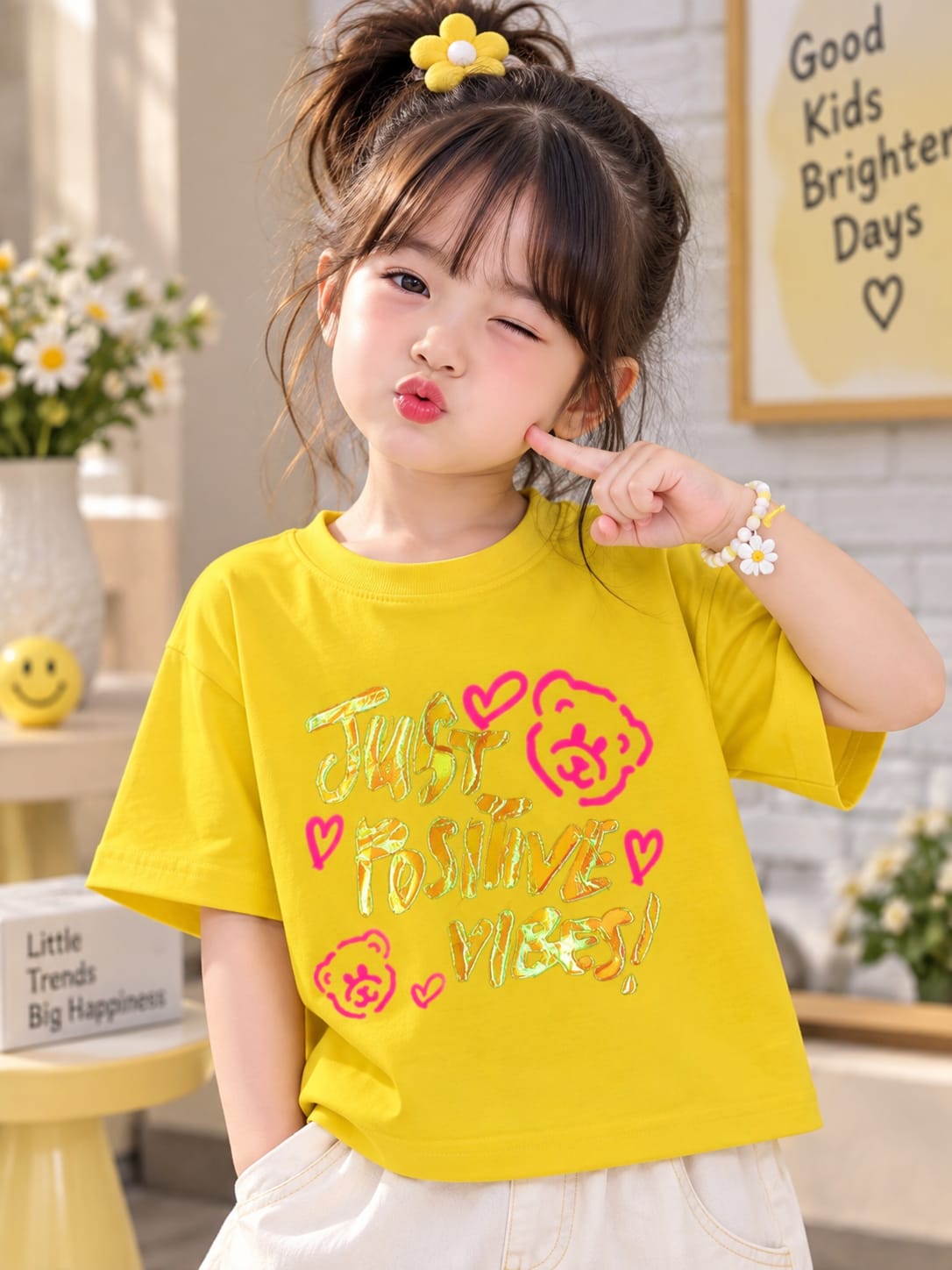 Girls "Just Positive Vibes" Printed Yellow T-Shirt