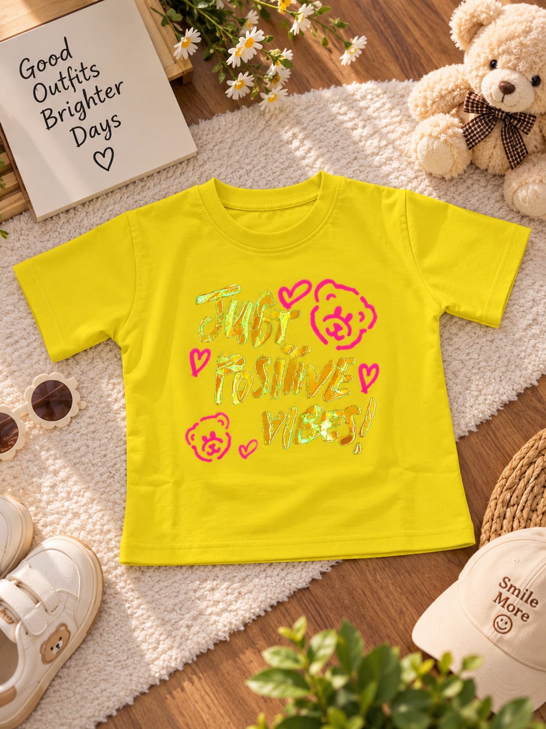 Girls "Just Positive Vibes" Printed Yellow T-Shirt