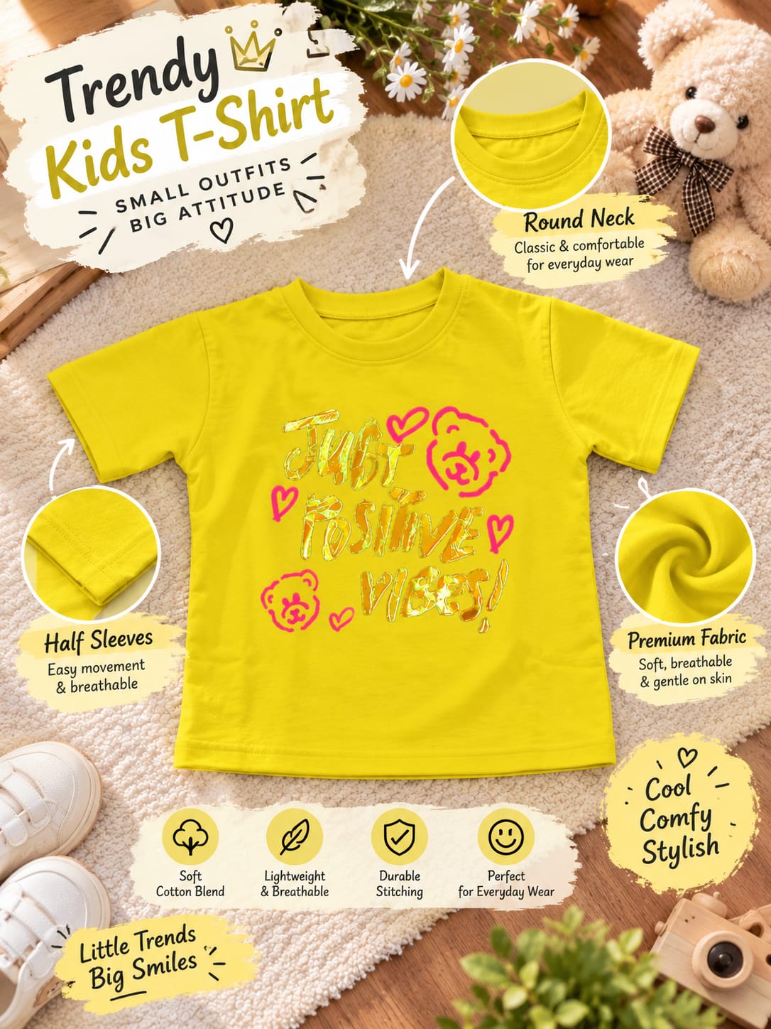 Girls "Just Positive Vibes" Printed Yellow T-Shirt