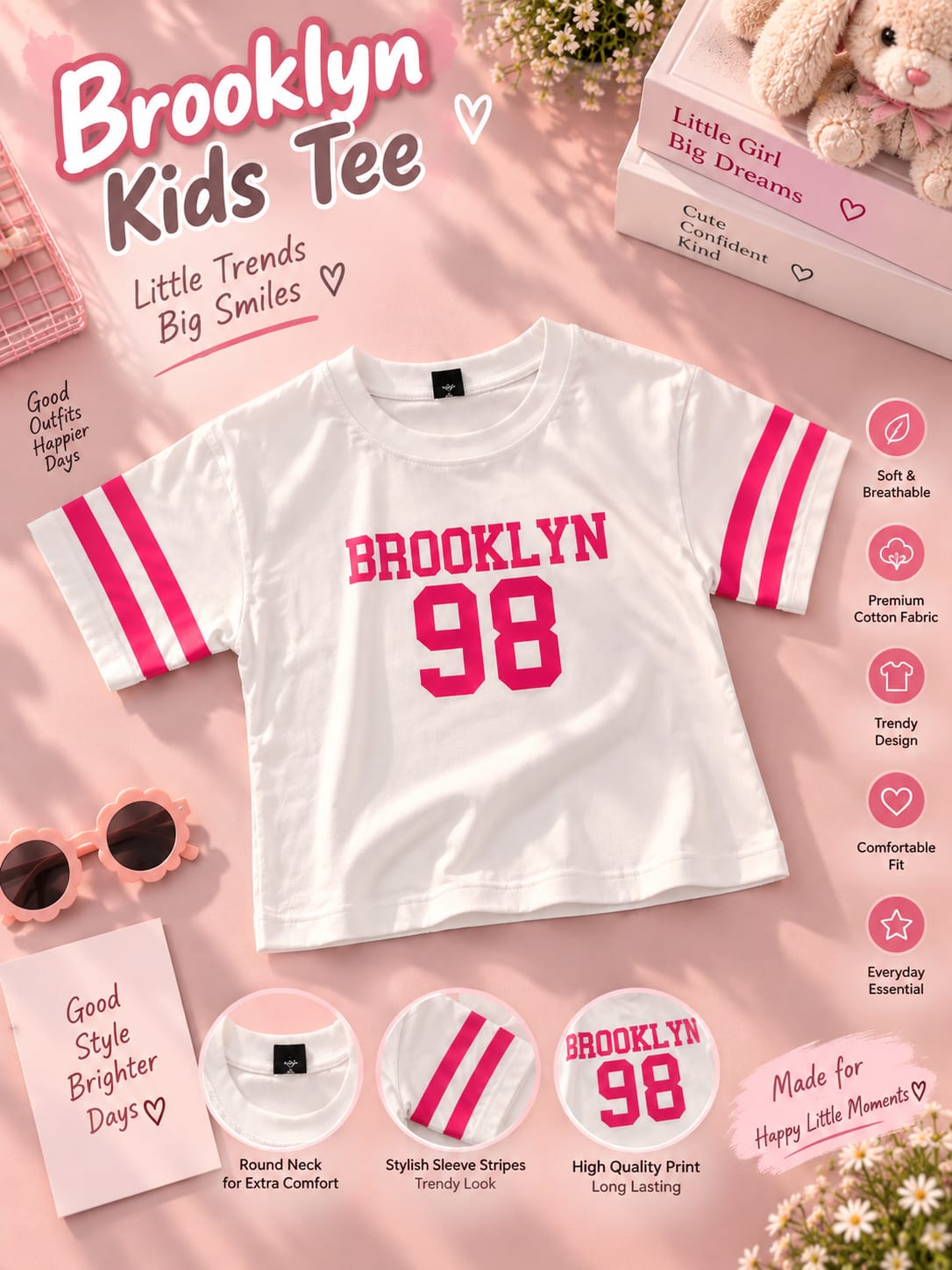 Brooklyn 98 Girls Cotton T-Shirt | Stylish Casual Kids Wear