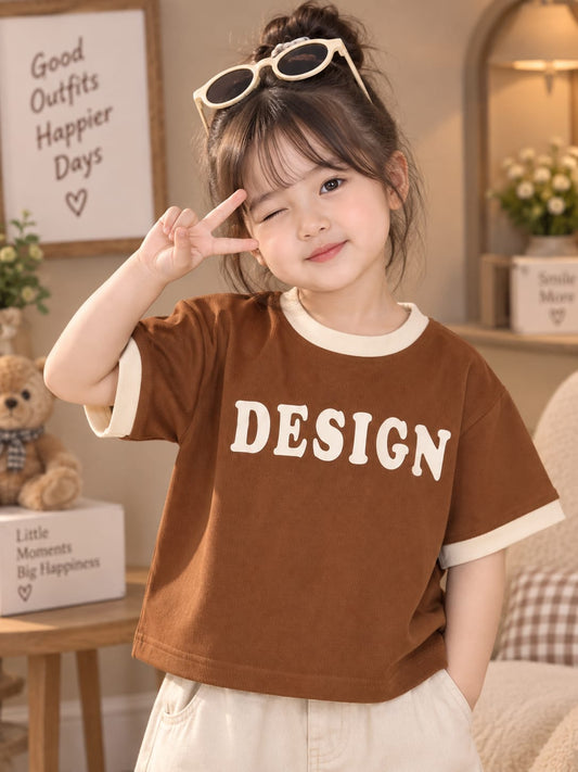 Kids Brown Ribbed Contrast Trim Graphic T-Shirt | Casual Summer Wear for Girls (6 Months – 4 Years)