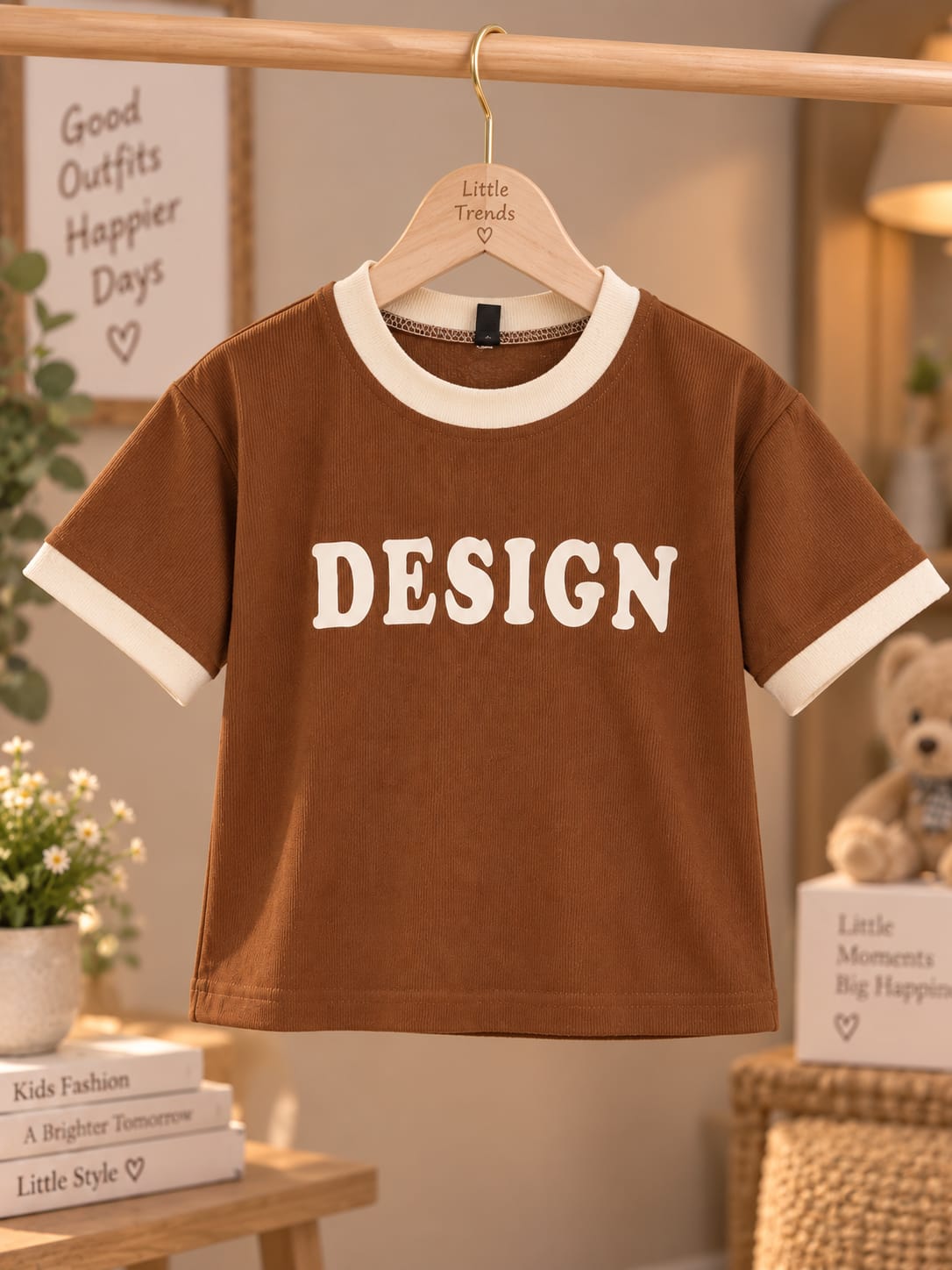 Kids Brown Ribbed Contrast Trim Graphic T-Shirt | Casual Summer Wear for Girls (6 Months – 4 Years)