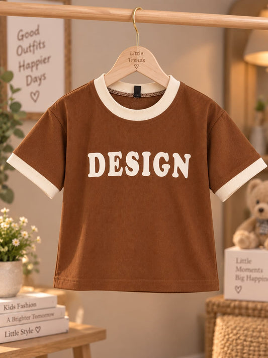 Kids Brown Ribbed Contrast Trim Graphic T-Shirt | Casual Summer Wear for Girls (6 Months – 4 Years)