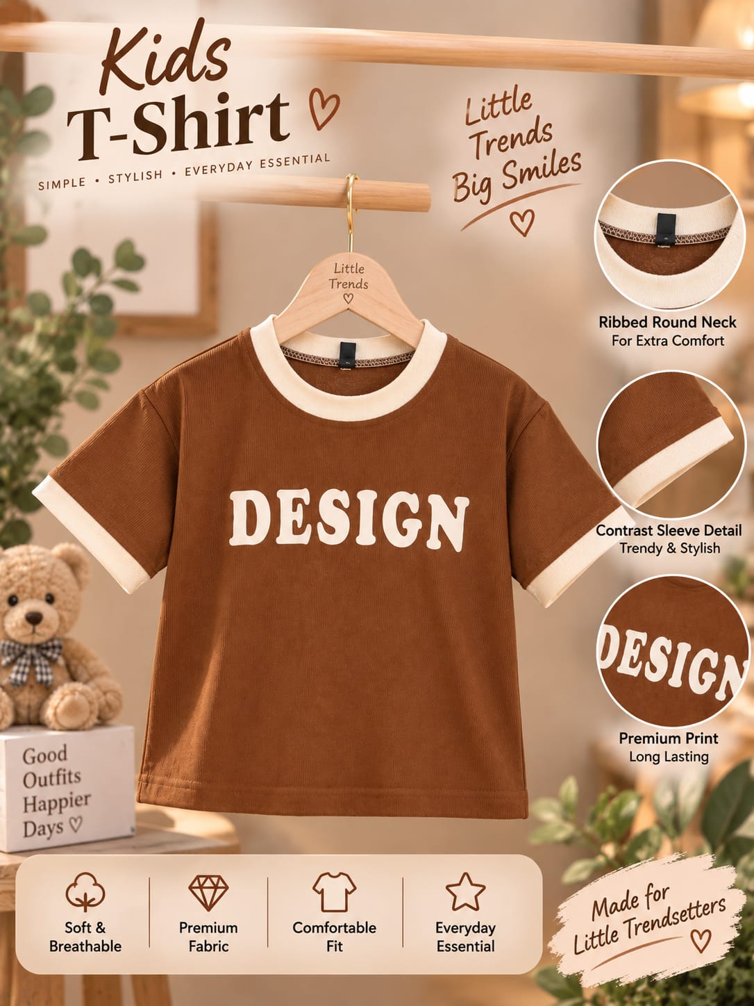 Kids Brown Ribbed Contrast Trim Graphic T-Shirt | Casual Summer Wear for Girls (6 Months – 4 Years)