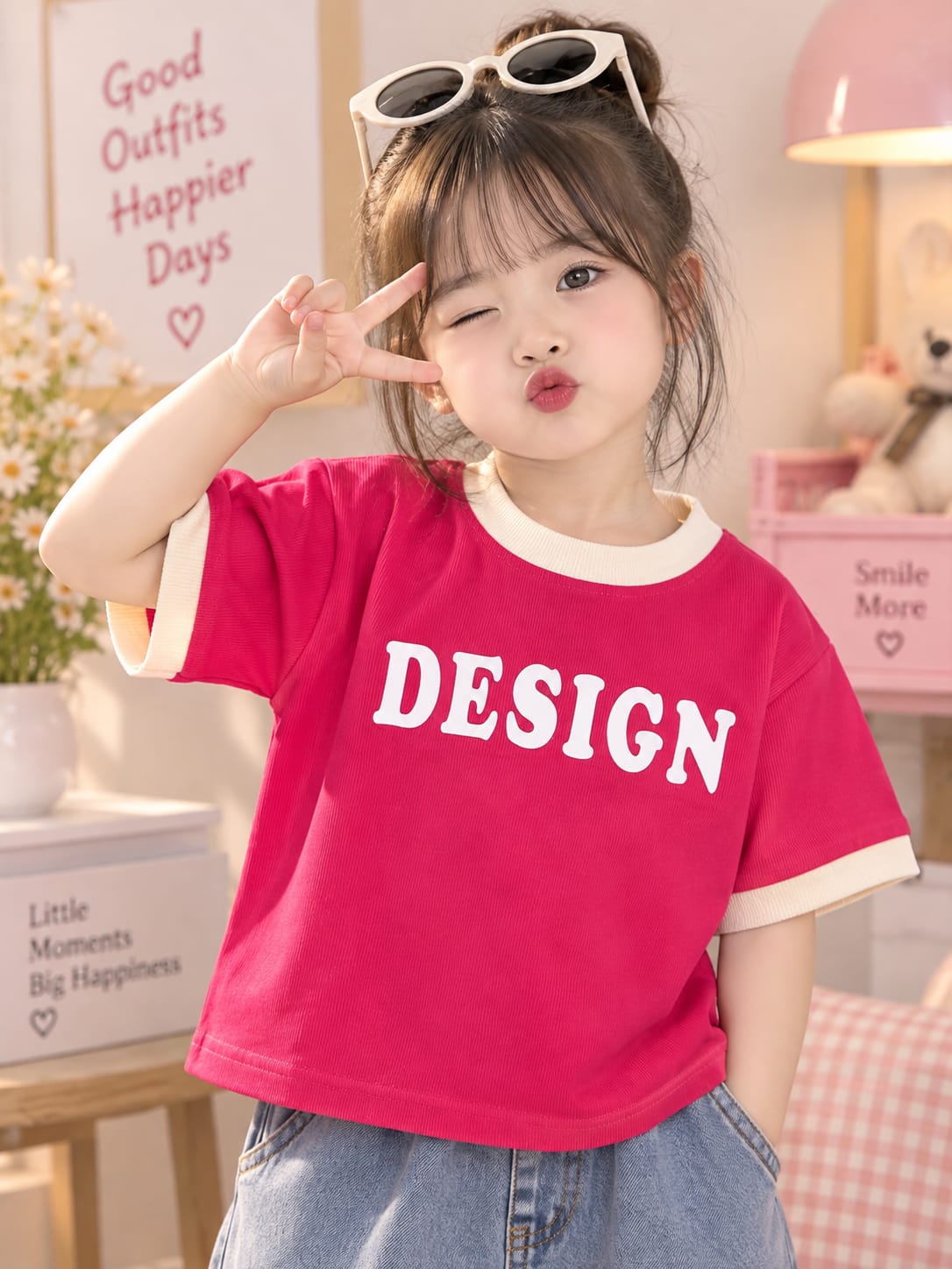 Kids Pink Graphic Ringer T-Shirt | Soft Cotton Casual Tee for Girls (6 Months–4 Years)