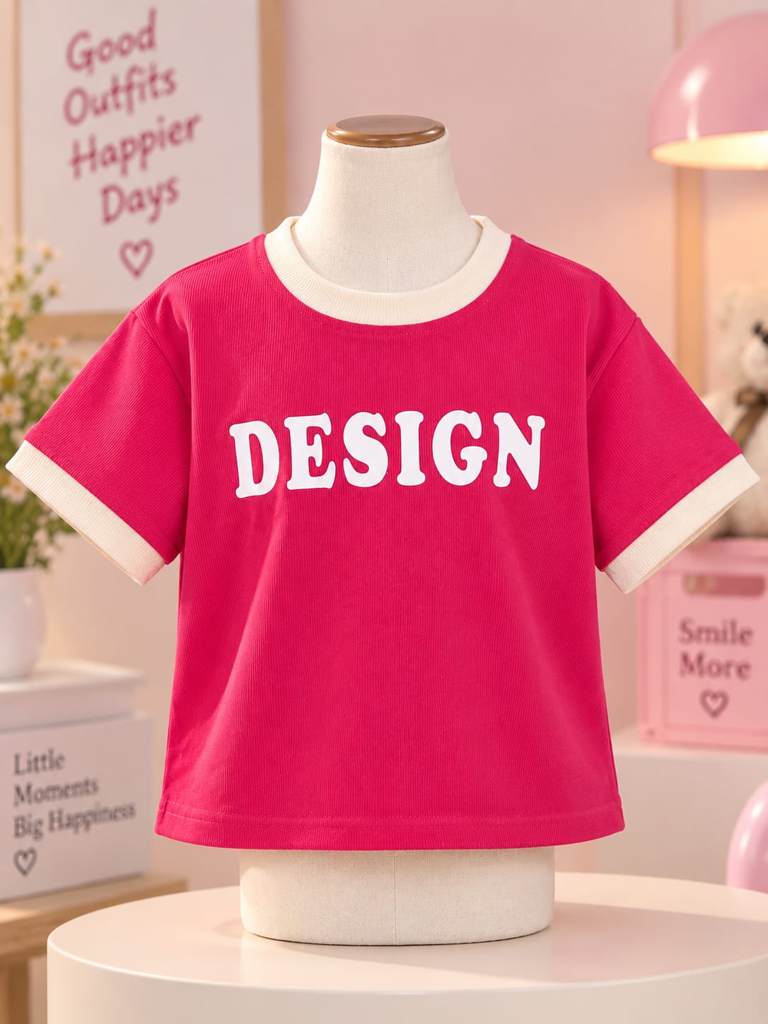 Kids Pink Graphic Ringer T-Shirt | Soft Cotton Casual Tee for Girls (6 Months–4 Years)