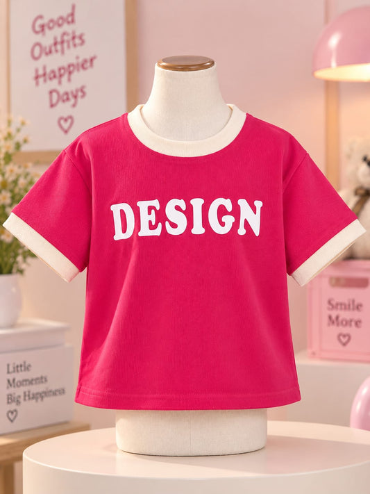 Kids Pink Graphic Ringer T-Shirt | Soft Cotton Casual Tee for Girls (6 Months–4 Years)