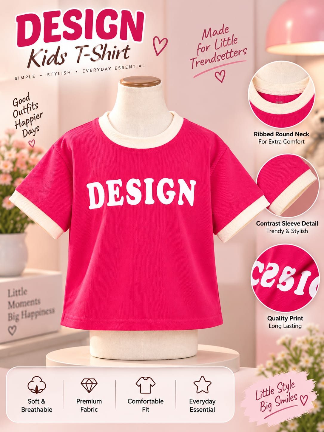 Kids Pink Graphic Ringer T-Shirt | Soft Cotton Casual Tee for Girls (6 Months–4 Years)