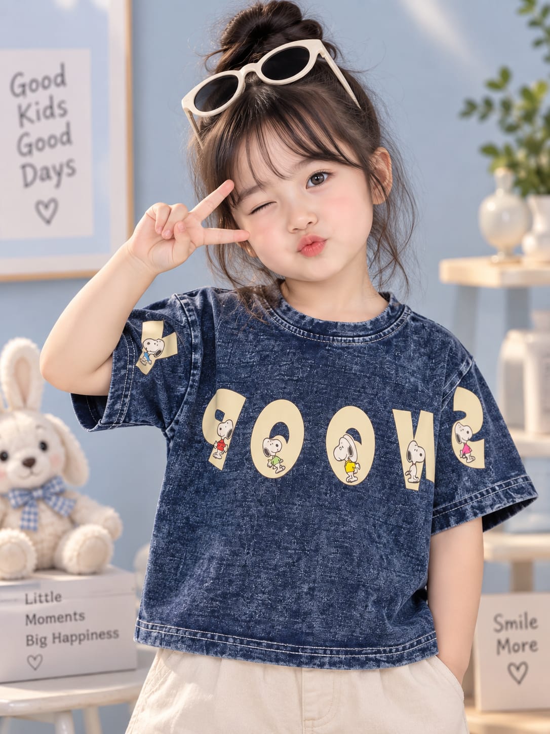 Kids Snoopy Wash Effect Blue Denim T-Shirt