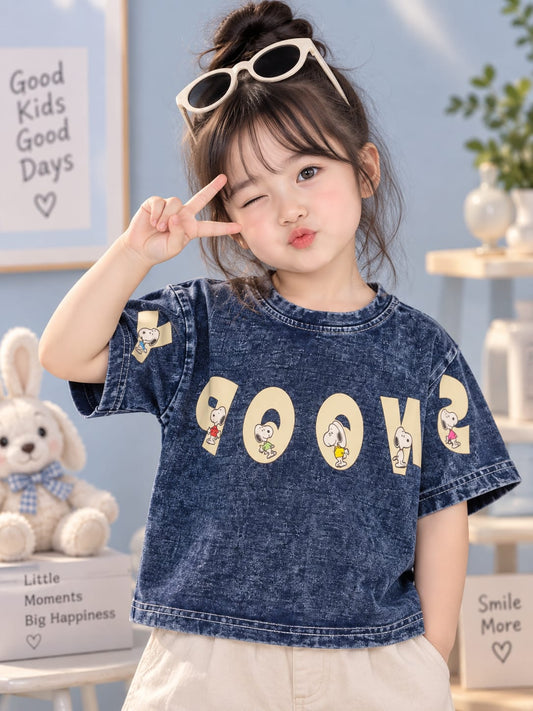 Kids Snoopy Wash Effect Blue Denim T-Shirt
