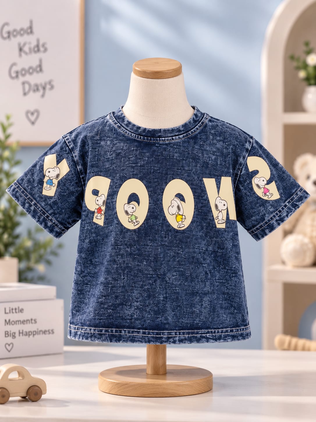 Kids Snoopy Wash Effect Blue Denim T-Shirt