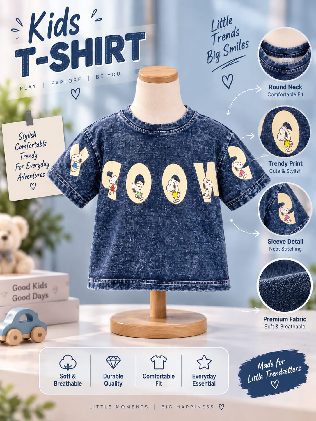 Kids Snoopy Wash Effect Blue Denim T-Shirt