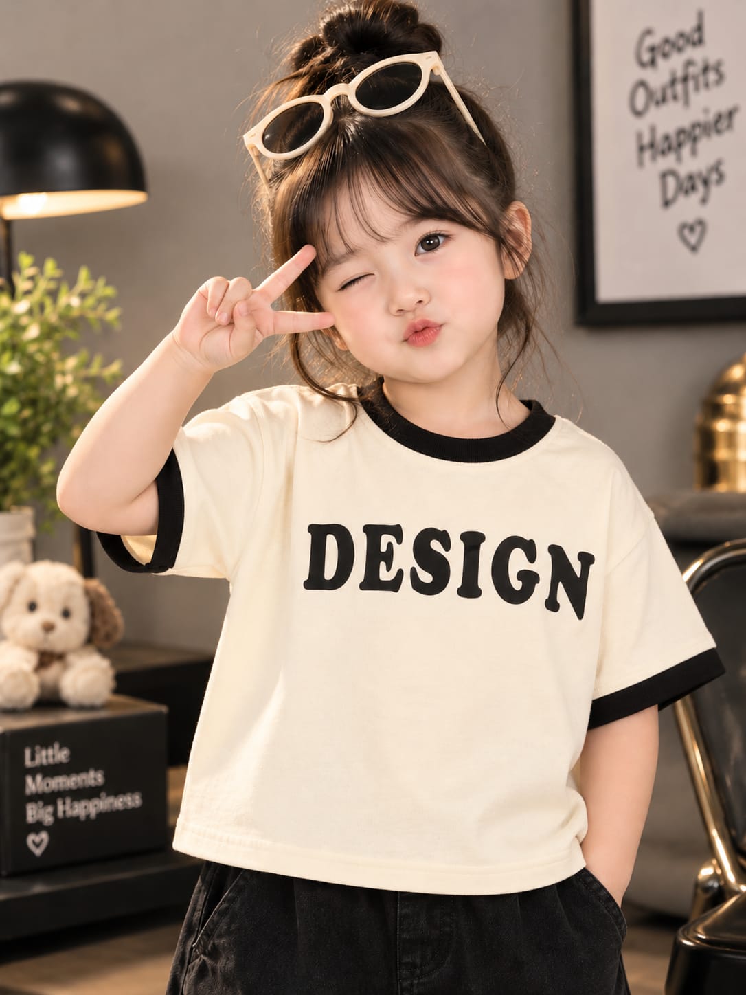 Kids DESIGN Contrast Trim Cotton T-Shirt | Cream & Black | 6 Months - 4 Years