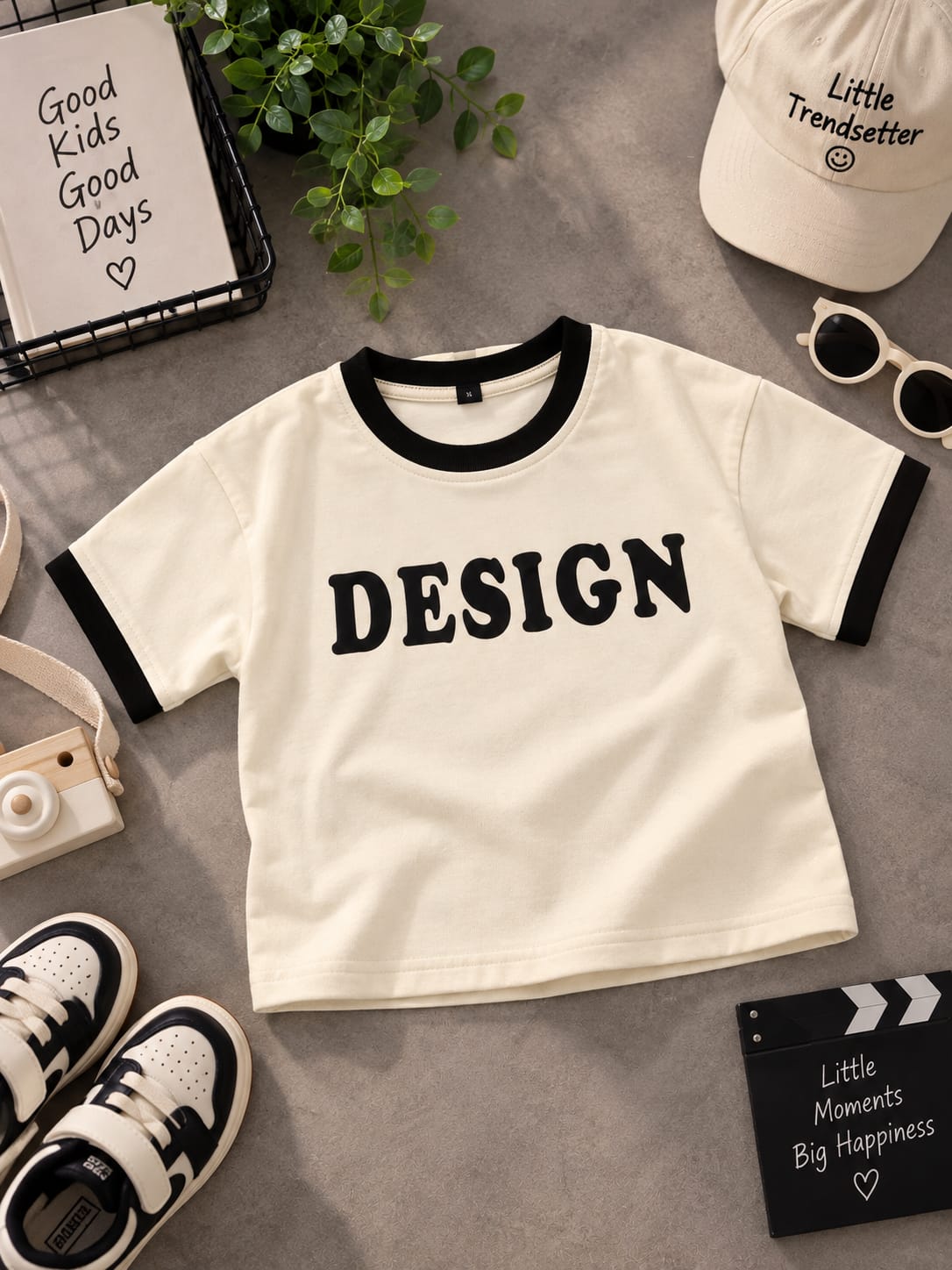 Kids DESIGN Contrast Trim Cotton T-Shirt | Cream & Black | 6 Months - 4 Years