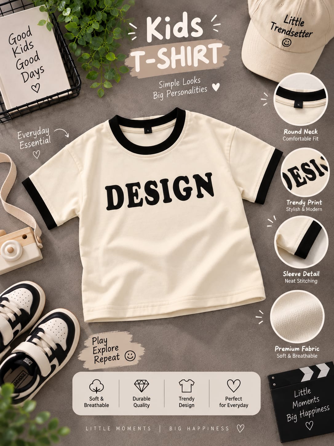 Kids DESIGN Contrast Trim Cotton T-Shirt | Cream & Black | 6 Months - 4 Years