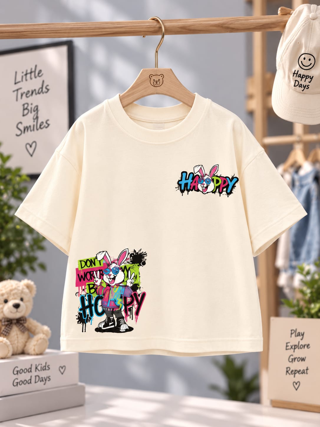 Happy Bunny Graphic Oversized Kids T-Shirt – Cream White
