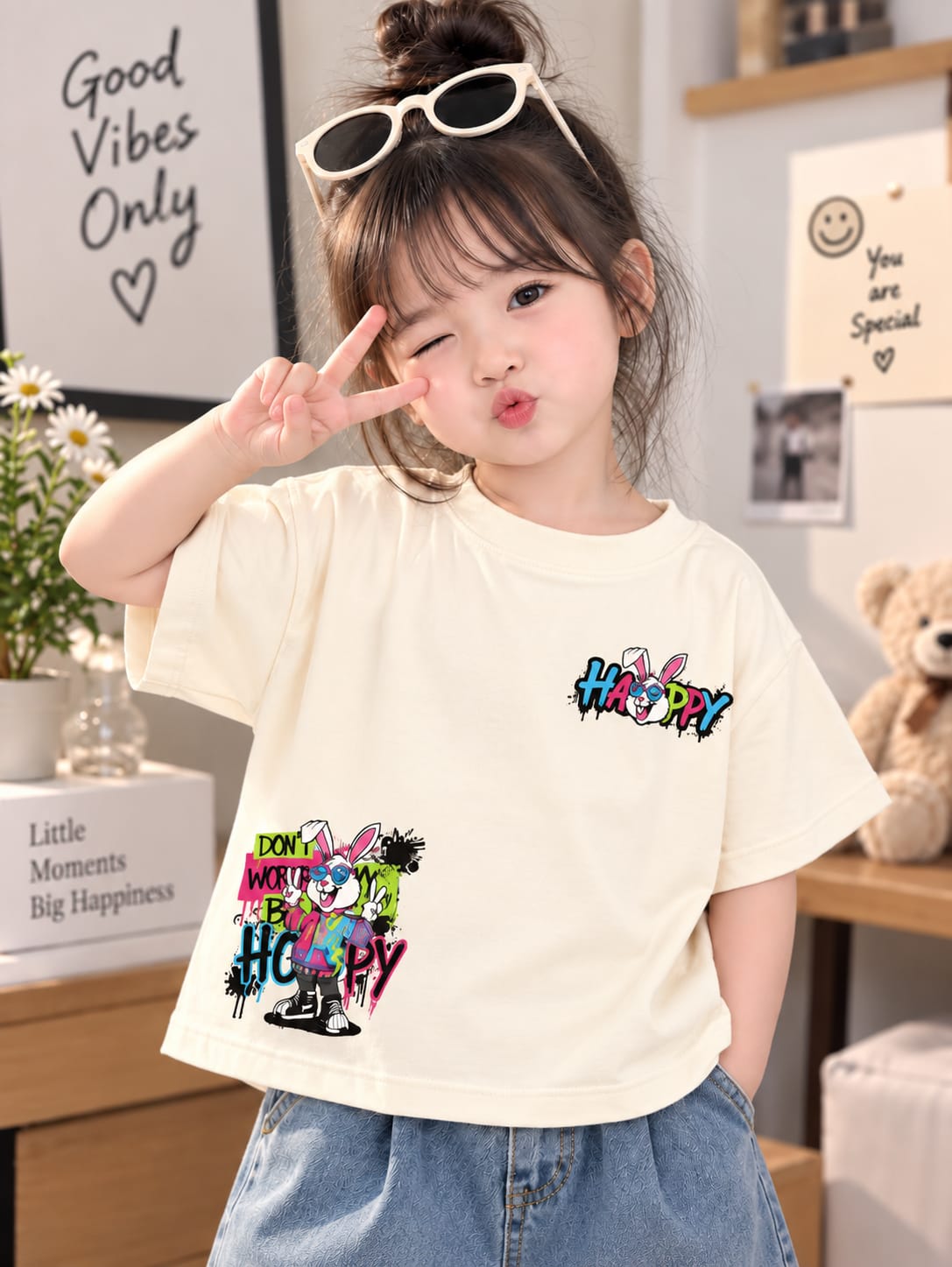 Happy Bunny Graphic Oversized Kids T-Shirt – Cream White