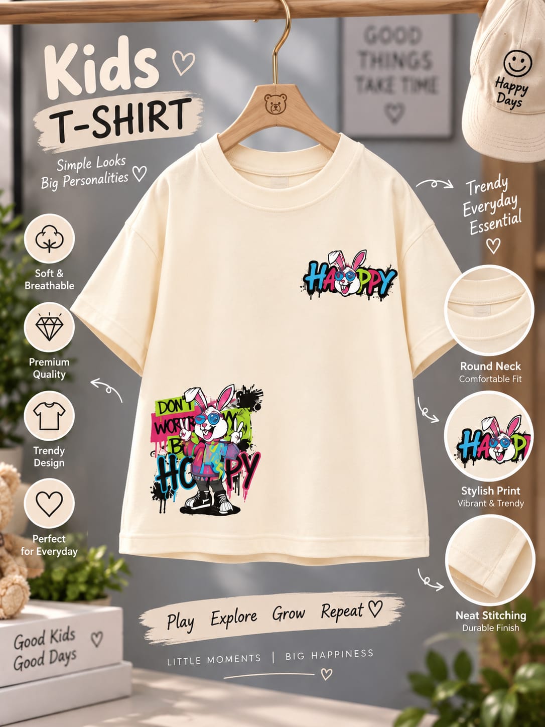 Happy Bunny Graphic Oversized Kids T-Shirt – Cream White