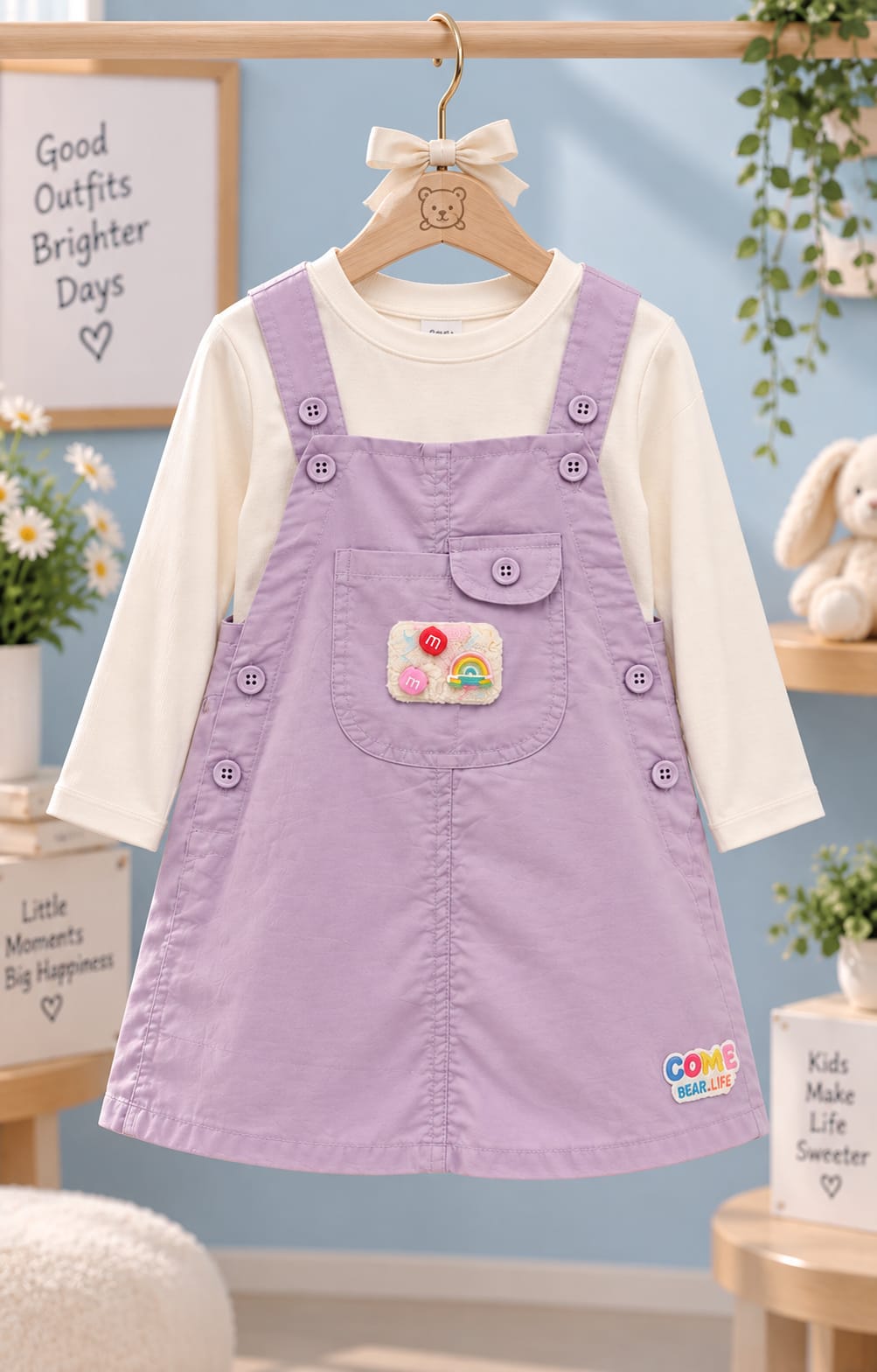 Cute Lavender Dungaree Dress with Full Sleeve Top Set for Baby Girls (0 Months–4 Years)