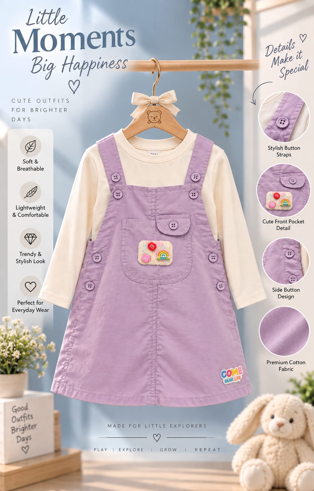 Cute Lavender Dungaree Dress with Full Sleeve Top Set for Baby Girls (0 Months–4 Years)