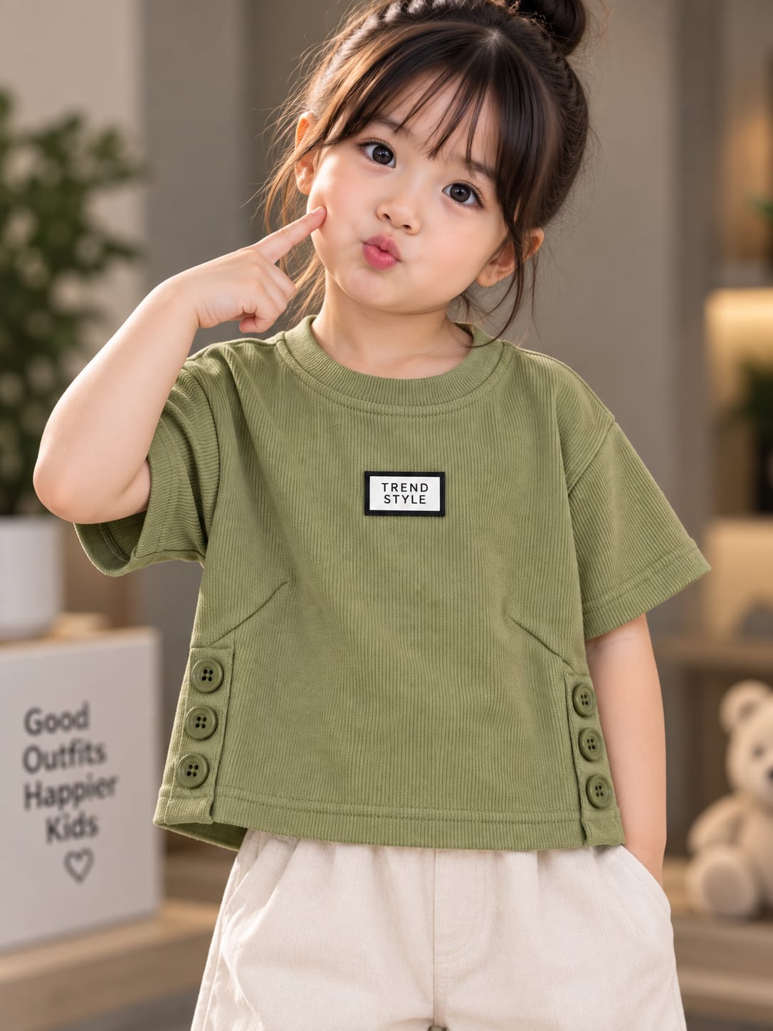 Girls Olive Green Ribbed T-Shirt with Side Button Detail – 16 to 22