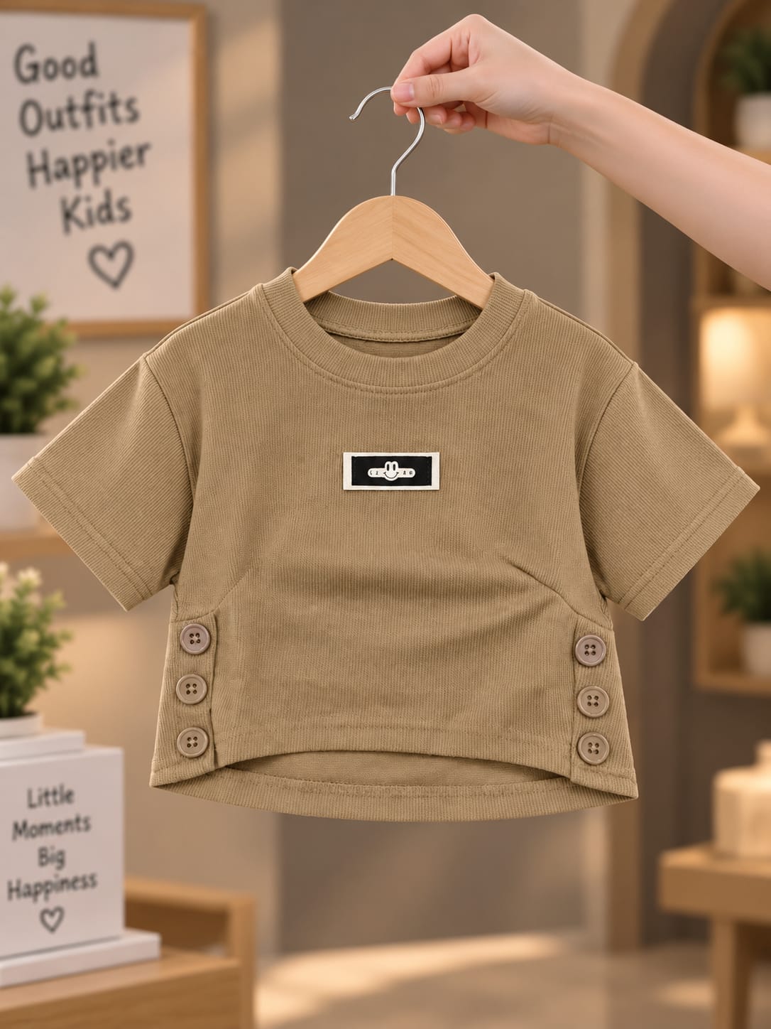Girls Beige Ribbed T-Shirt with Side Button Detail – 16 to 22