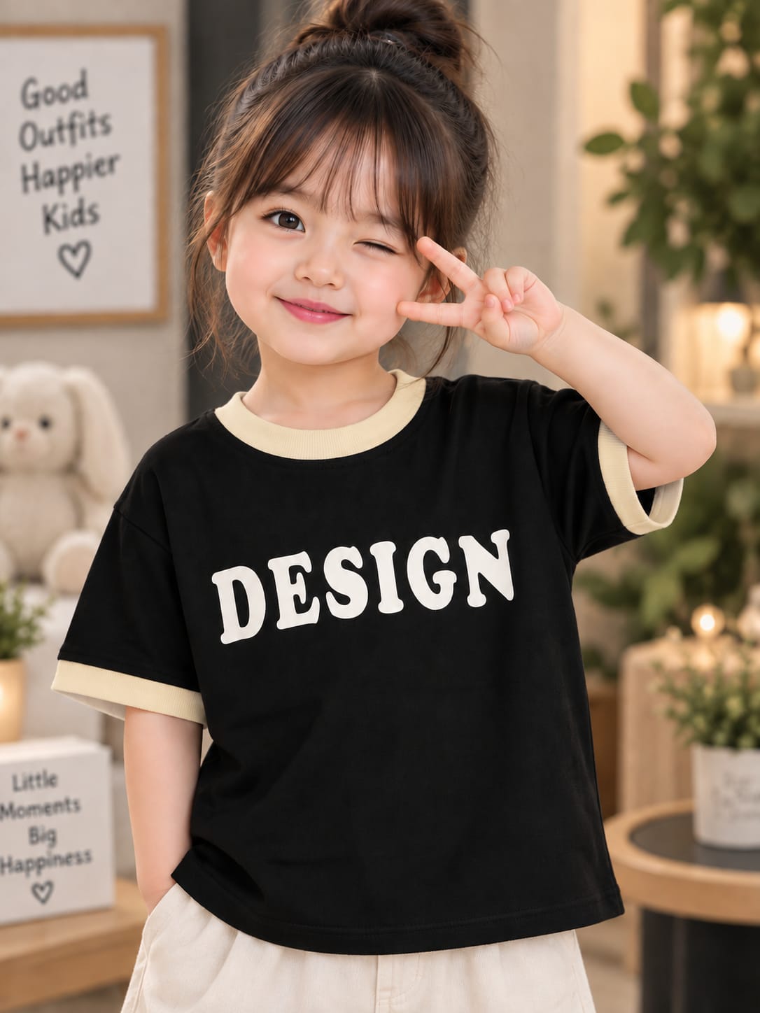 Girls Black & Cream Contrast T-Shirt with “DESIGN” Print Size- 16 to 22