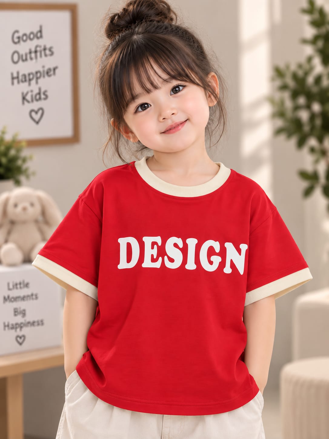 Girls Kids Red & Cream “DESIGN” Printed Half Sleeve T-Shirt