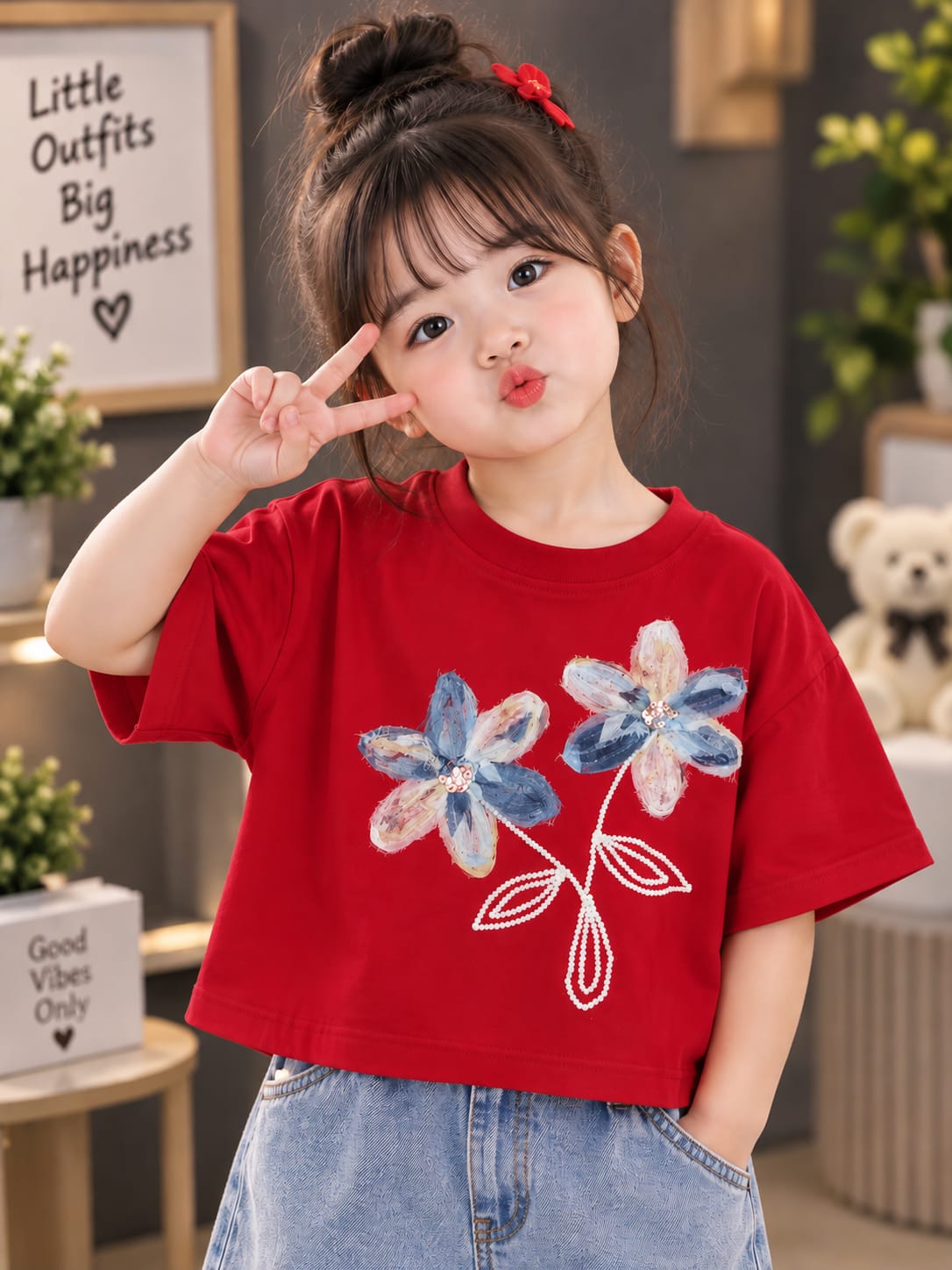 Girls Kids Red Floral Embellished Half Sleeve T-Shirt | Sizes 16–22