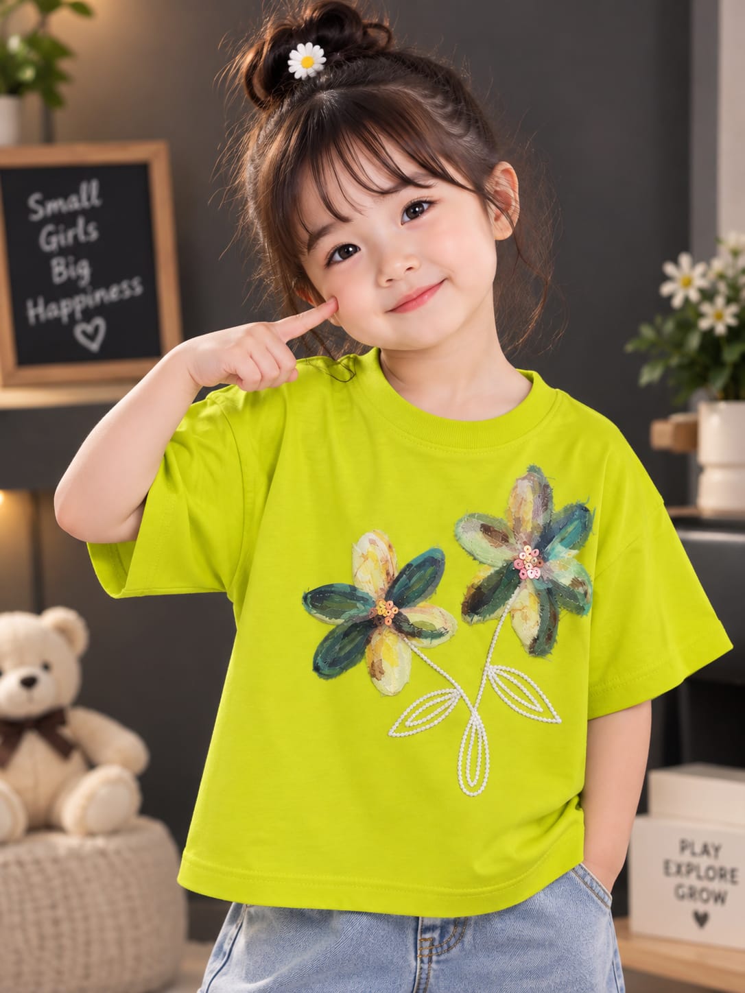 Girls Lime Green Floral Embroidered T-Shirt – Stylish Flower Design | Sizes 16–22
