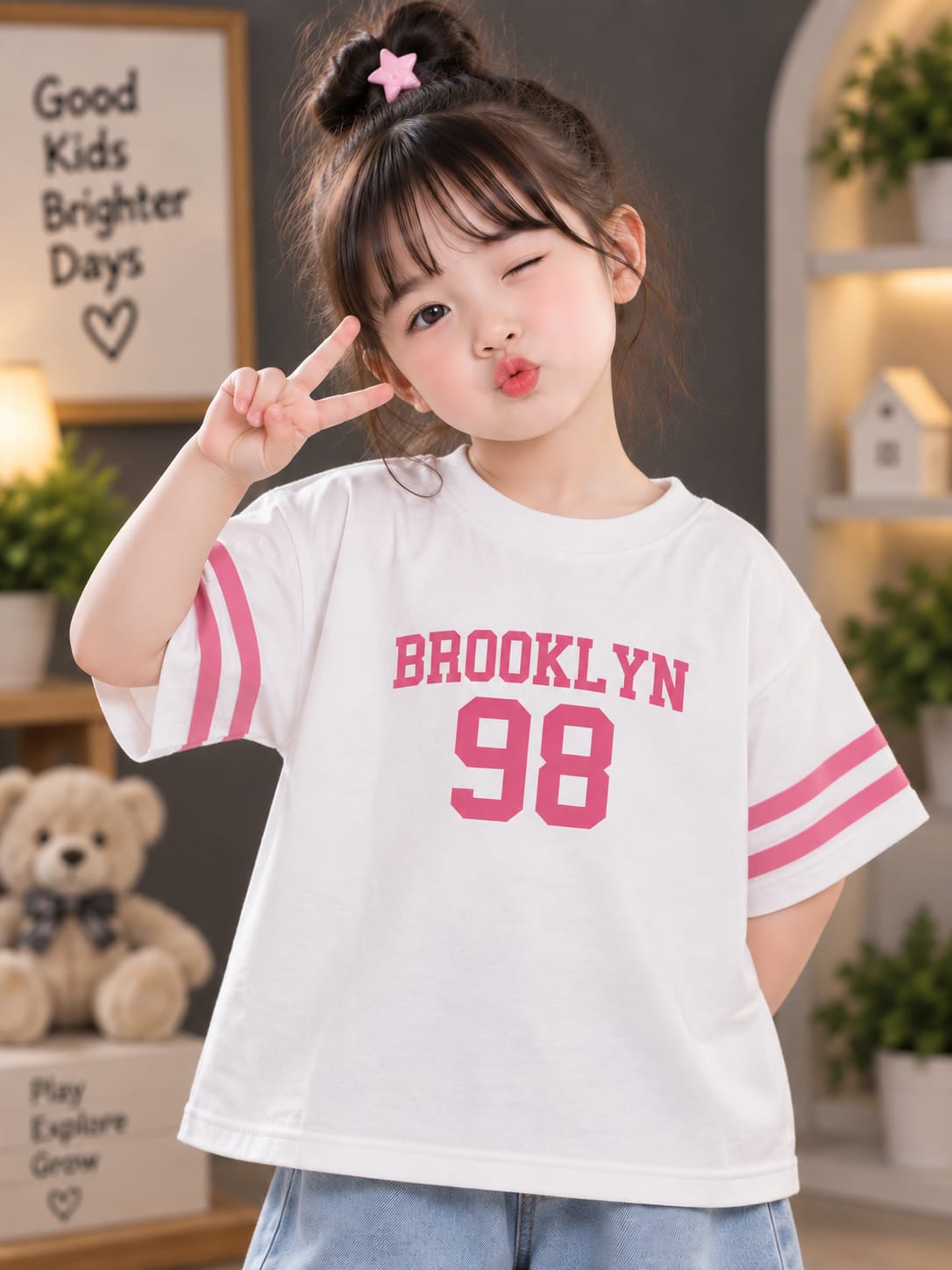Girls White & Pink “BROOKLYN 98” Printed T-Shirt – Stylish Casual Wear | Sizes 16–22