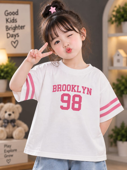 Girls White & Pink “BROOKLYN 98” Printed T-Shirt – Stylish Casual Wear | Sizes 16–22