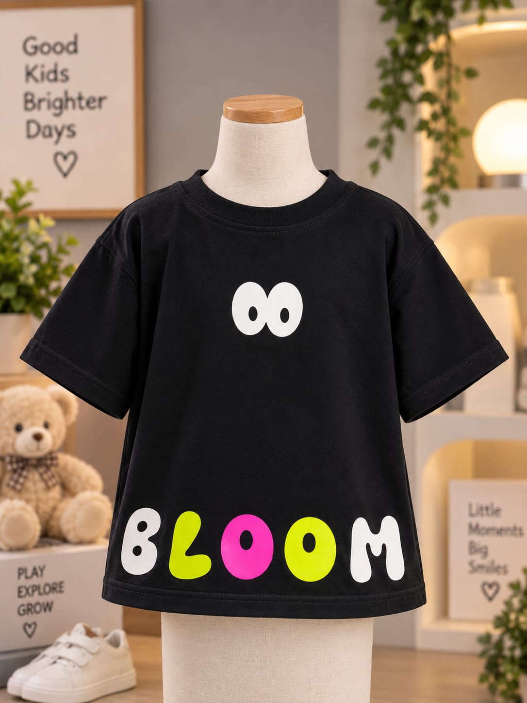 Kids Black BLOOM Graphic Print T-Shirt | Half Sleeve Round Neck | Sizes 16–20