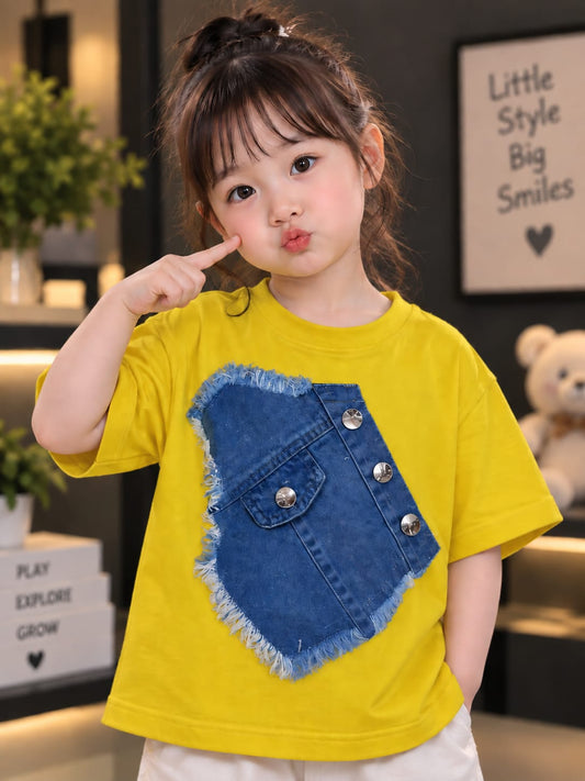 Girls Yellow T-Shirt with Denim Pocket Design | Half Sleeve Round Neck | Sizes 16–22