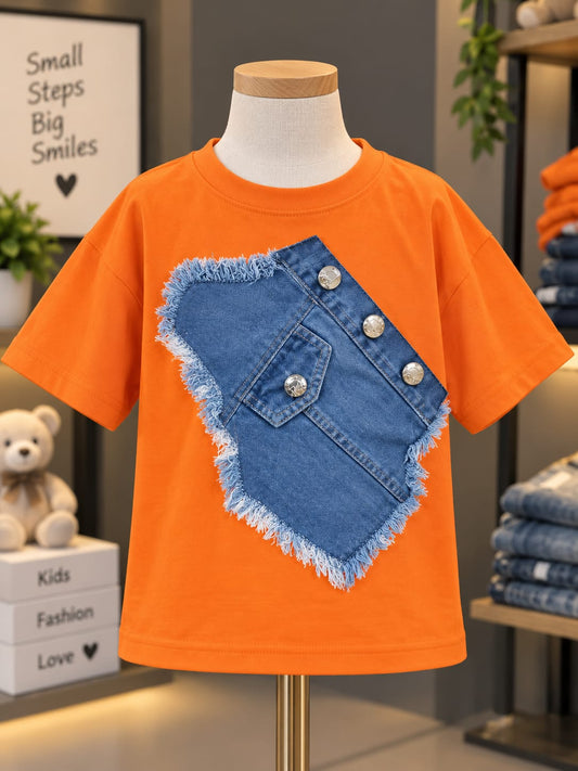 Kids Orange T-Shirt with Denim Pocket Design | Half Sleeve Round Neck | Sizes 16–22