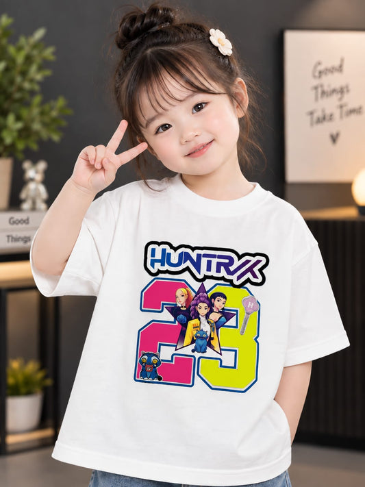 Girls Kids White Printed T-Shirt | HUNTRIX 29 Graphic Print | Half Sleeve | Sizes 16–20