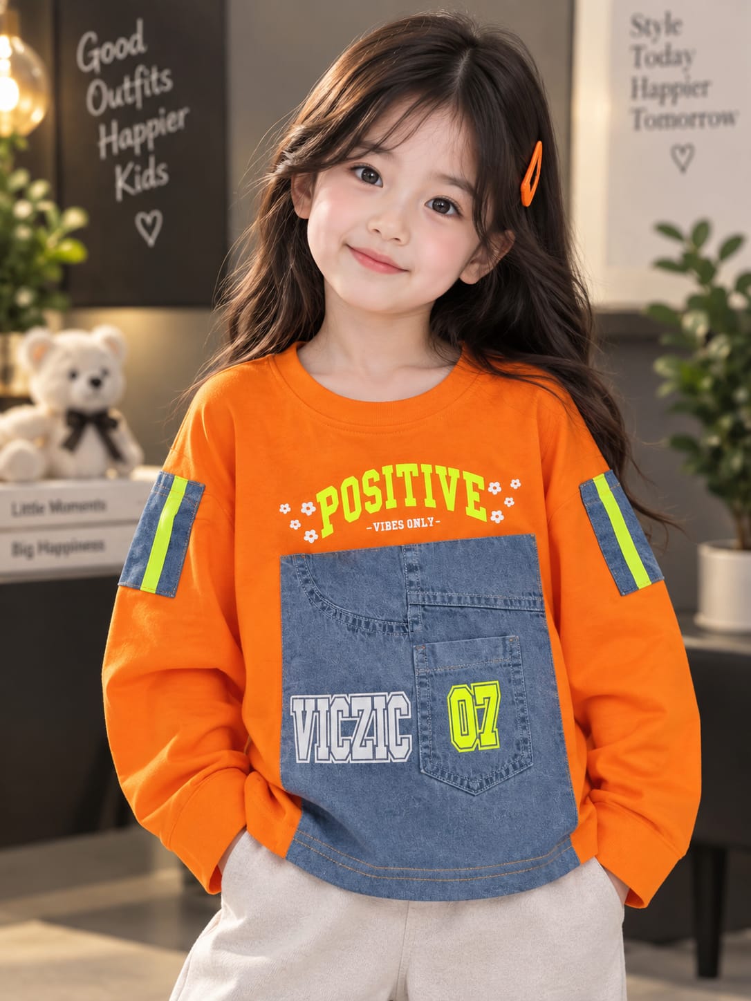 Girls Kids Orange Full Sleeve T-Shirt | Positive Vibes Denim Pocket Design | Sizes 24–36