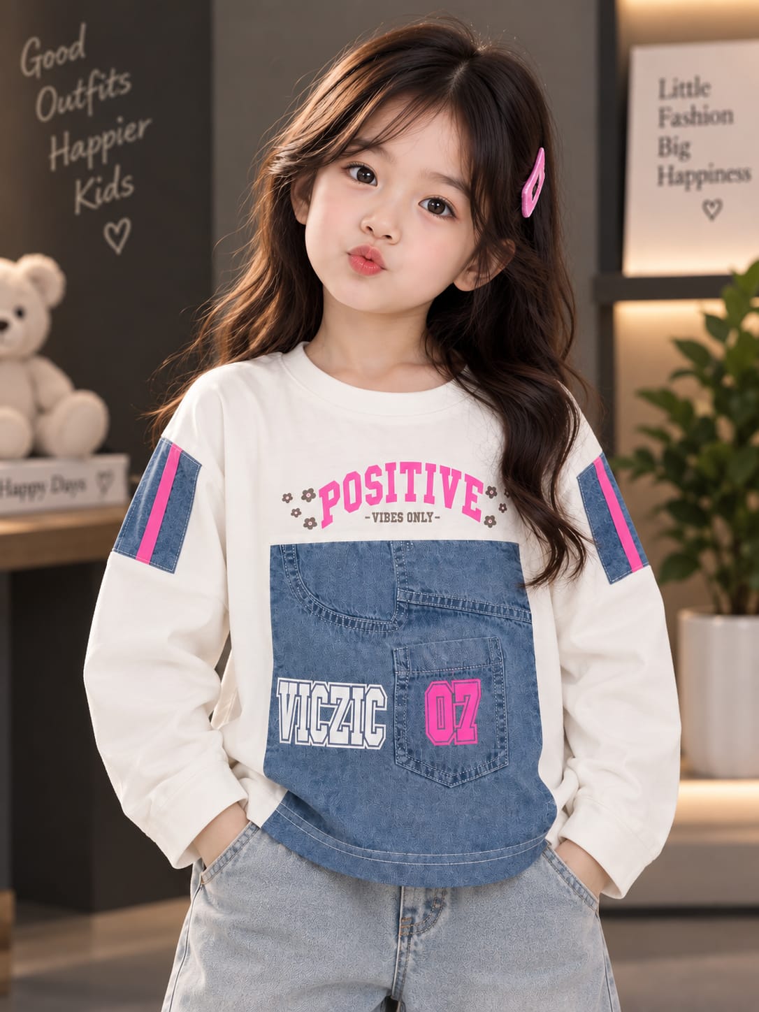 Girls Kids White Full Sleeve T-Shirt | Positive Vibes Denim Pocket Design | Sizes 24–36
