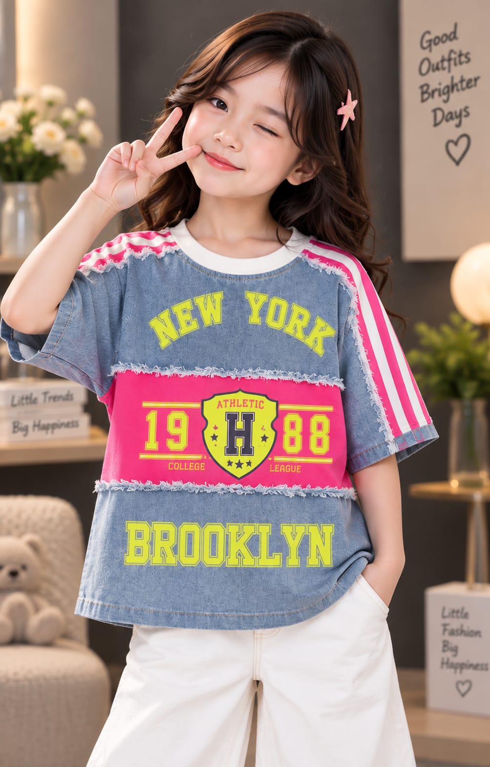 Girls Trendy Denim Style Half Sleeve Top – New York Brooklyn Print | Sizes 24–36