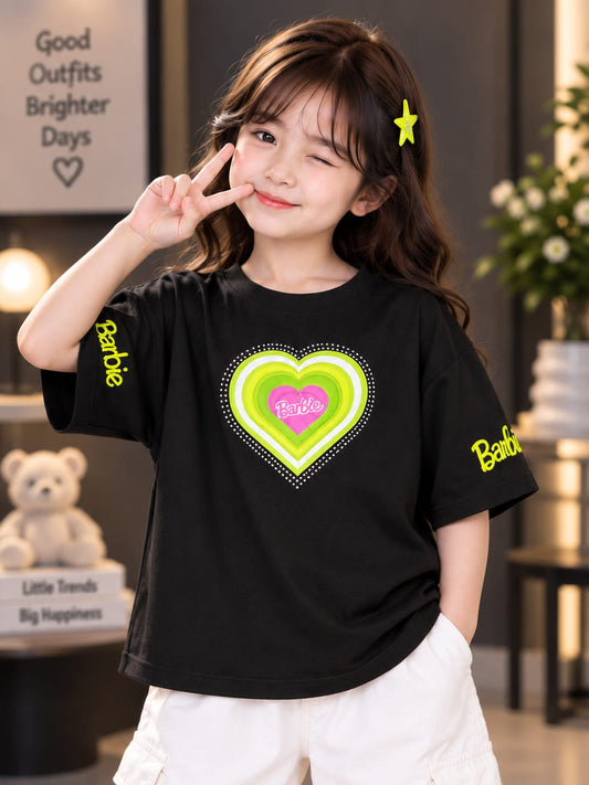 Girls Black Oversized T-Shirt – Heart Print & Barbie Graphic | Sizes 26–38