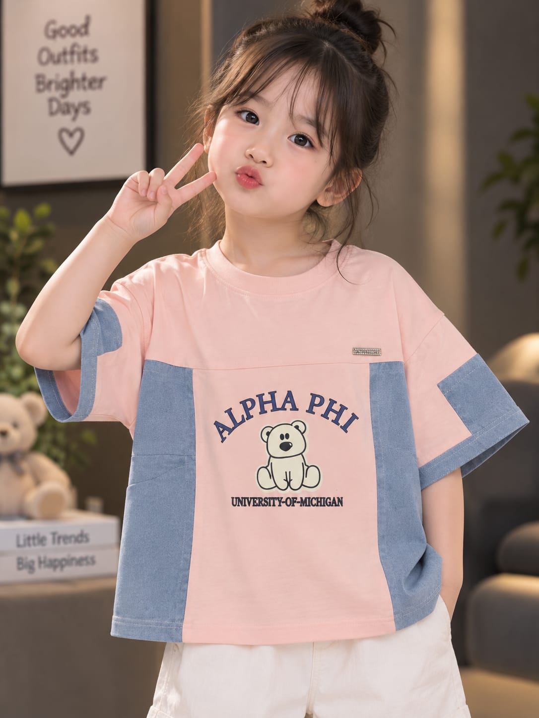 Girls Stylish Pink & Denim Blue Printed T-Shirt – Teddy Bear Graphic | Sizes 24–36