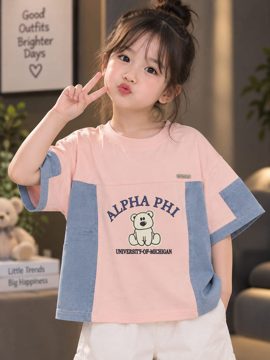 Girls Stylish Pink & Denim Blue Printed T-Shirt – Teddy Bear Graphic | Sizes 24–36