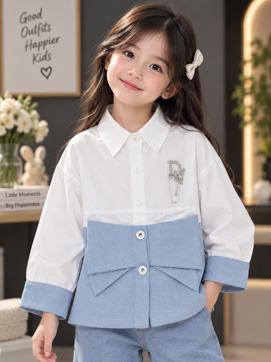 Girls Kids White & Sky Blue Shirt | Collared Full Sleeve Bow Design | Stylish Casual Shirt | Sizes 24–36