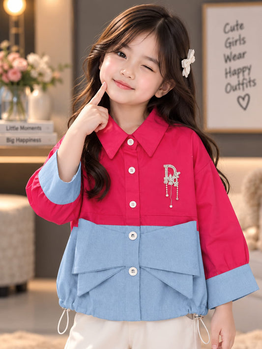 Girls Stylish Full Sleeve Shirt – Pink & Sky Blue Bow Design | Sizes 24–36