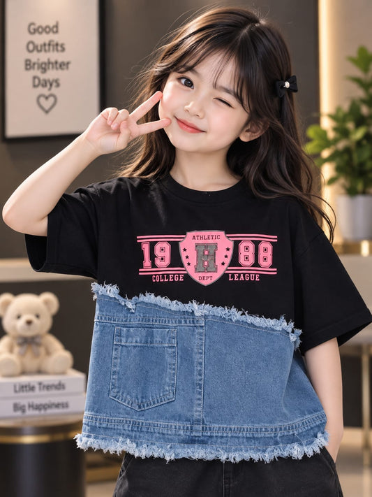Girls Black T-Shirt with Denim Pocket Panel & Graphic Print | Sizes 24–36
