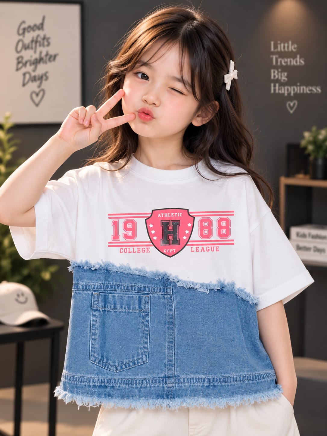 Girls White & Denim Blue Graphic T-Shirt – Stylish Casual Top | Sizes 24–36