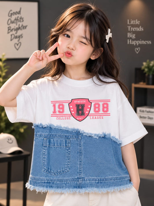 Girls White & Denim Blue Graphic T-Shirt – Stylish Casual Top | Sizes 24–36
