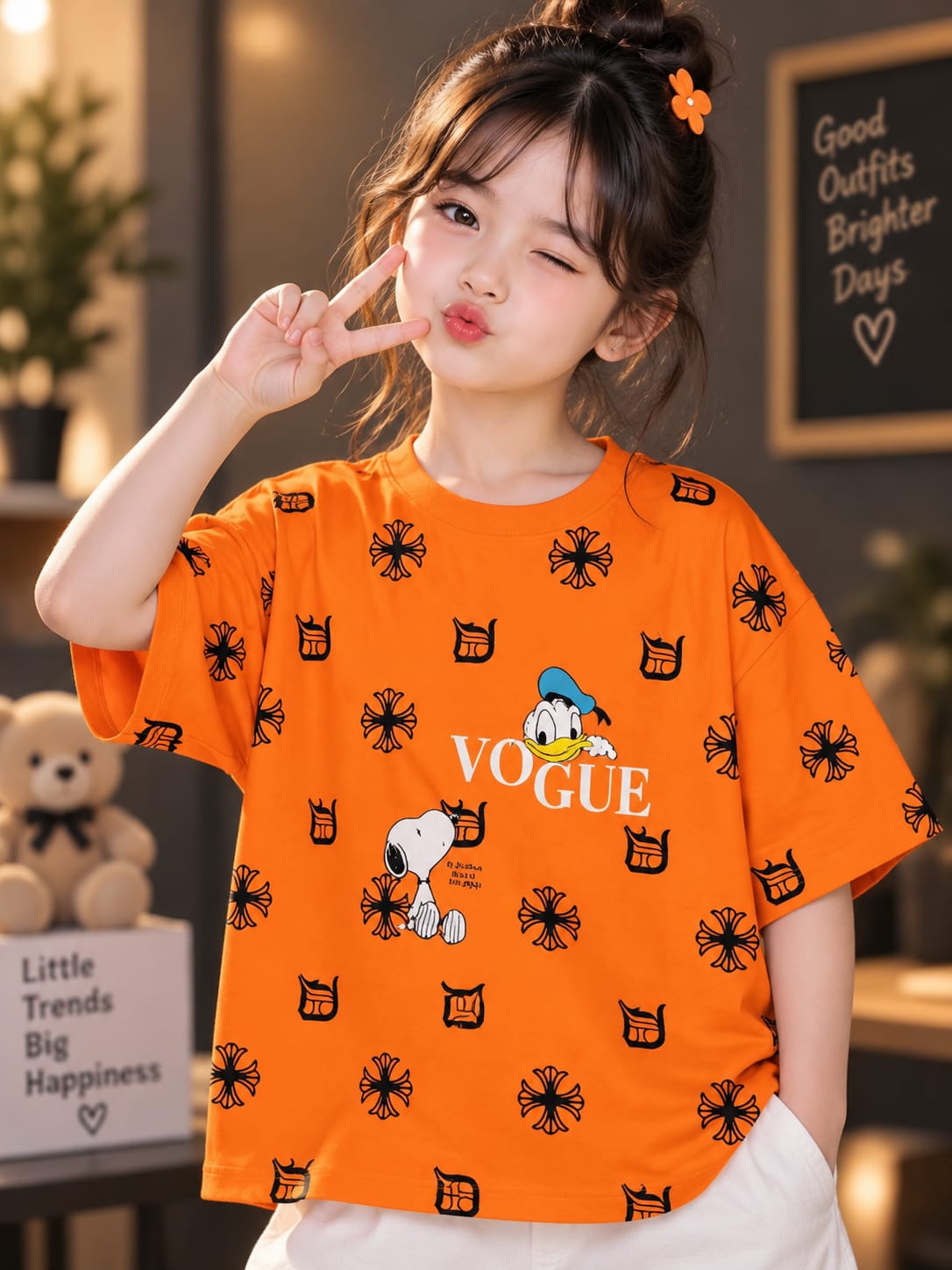 Girls Orange Printed Oversized T-Shirt | Stylish Casual Half Sleeve Tee | Sizes 24–36