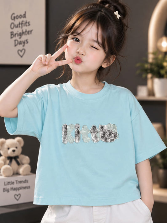 Girls Light Blue Oversized T-Shirt with Rhinestone Graphic | Stylish Casual Tee | Sizes 26–36