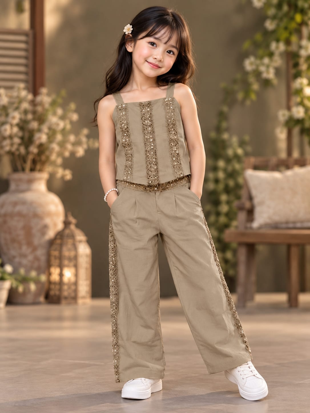 Girls Premium Embroidered Co-ord Set | Sleeveless Top & Wide Leg Pants | 1-5 Years
